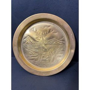 Vintage Hand Stamped Brass Plate Reindeer Nature Scene 5.5 Diameter